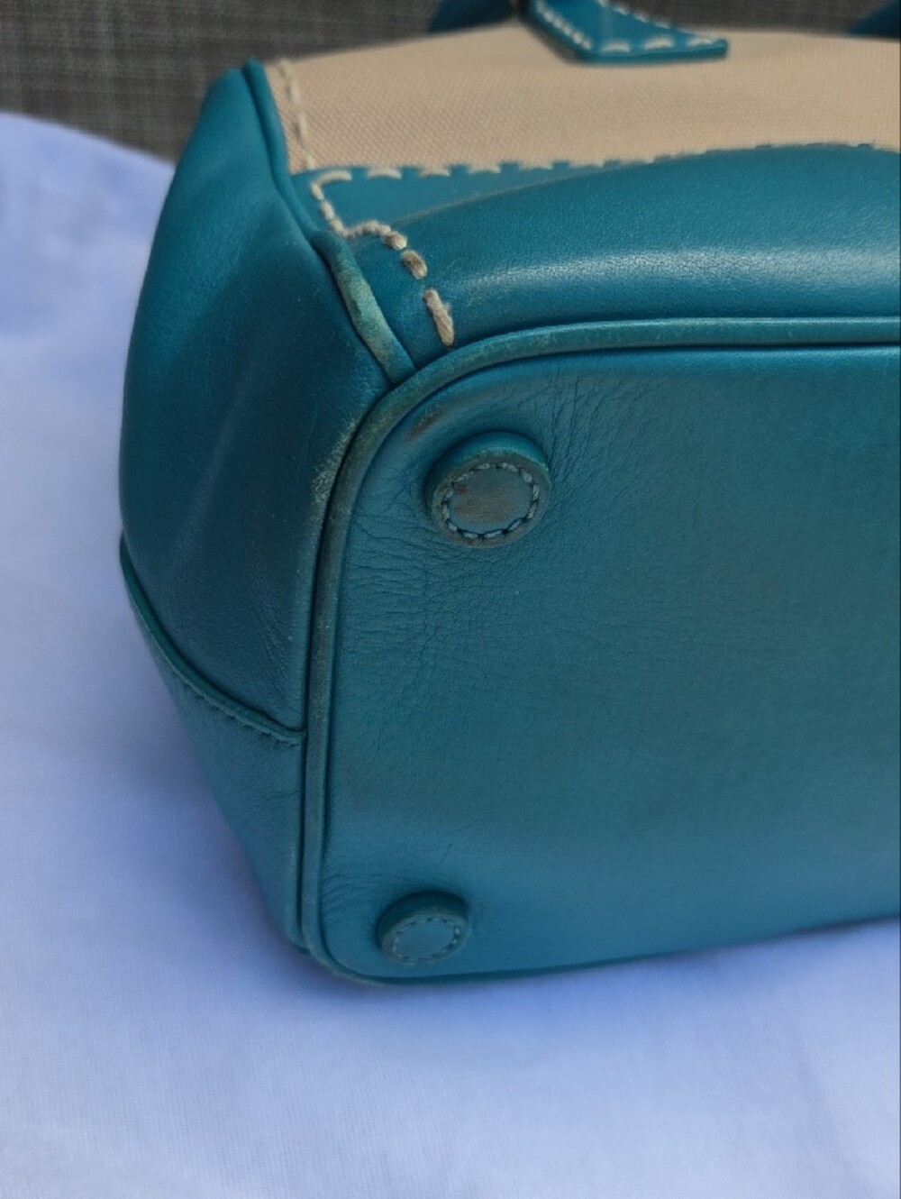 Prada Beige Canvas Satchel with Teal Leather Trim - Picture 9 of 17